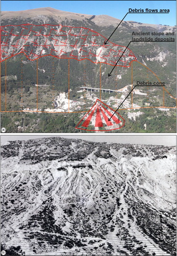 Figure 2. (a) Panoramic view of Pescara del Tronto area. Note the large debris flow area above the inhabited village. A debris cone, affecting the strongly damaged urban area, starts at the toe-slope involving ancient slope and landslide deposits; (b) Hydraulic-forestry works of the slope upstream of Pescara del Tronto made in the period 1960–1972 to mitigate the effects of repeated debris flows and landslides.