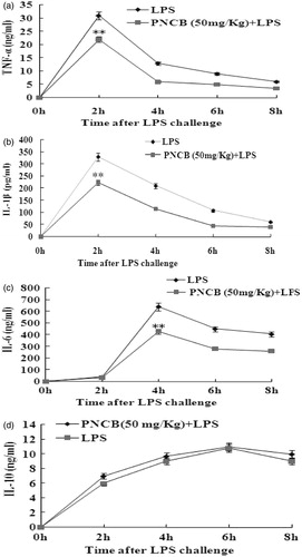 Figure 5. Influence of a single dose of pinocembrin on cytokine responses induced by a lethal dose of LPS. Mice were injected IP with pinocembrin 1 h before challenge with the LPS (20 mg/kg). Blood was isolated from the tail vein of each mouse at 0, 2, 4, 6, and 8 h post-LPS challenge and serum levels of TNFα, IL-1β, IL-6, and IL-10 then measured using ELISA. Data are presented as means (±SE) from n = 12 mice/group. **p < 0.01 versus LPS-only group.