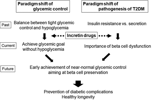 Figure 3. Paradigm shift in therapeutic strategy and pathophysiology of T2DM promoted by the development and launch of incretin drugs.