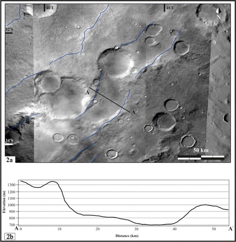 Figure 2. (a) HRSC images show the set-1 graben in the western flank of the Hellas basin. Transect A-A′ is also shown of corresponding topographic profile in (b). (b) Topographic profile of a flat floored set-1 graben shown in (a).