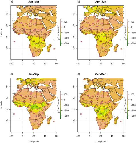 Fig. 2. The mean net primary productivity (NPP) for the periods (a) January to March, (b) April to June, (c) July to August, and (d) September to December 2012. The uncertainty in net ecosystem exchange was set at 100% of the absolute NPP fluxes at the resolution of 0.2º expressed in g C m−2 month−1. NPP as estimated by the digital global vegetation model LPJ (Lund-Potsdam-Jena) S2 (CO2 and climate [time-invariant present-day land use mask]).