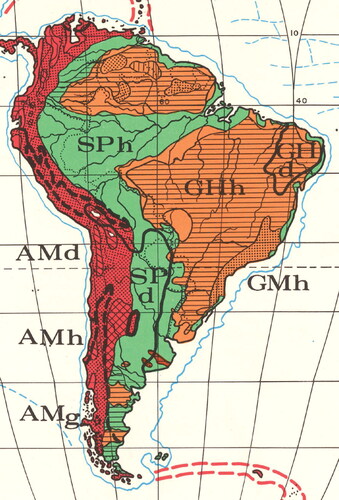 Figure 1. Excerpt from Murphy’s (Citation1968) map showing level of detail used to represent the landforms of South America (approximately 1:50,000,000 scale). The first uppercase letter of the three-letter landform labels refers to the structural variable: S = sedimentary covers outside shield exposures; G = Gondwana Shield; A = Alpine fold system. The second uppercase letter of the three-letter labels refers to the topographic variable: P = plains; H = hills; M = mountains. The third lowercase letter of the three-letter labels refers to the climatic or glaciation variable: h = humid; d = dry; g = Pre-Wisconsin Würm glaciation).