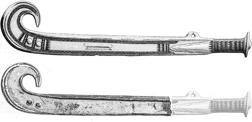 Figure 5. One of the Rørby scimitars and the incomplete scimitar from Slågarp with a tentative reconstruction of the missing part. After Aner and Kersten (1976) and Jacobsen (1986).