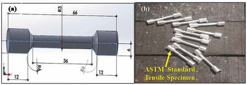 Figure 4. Tensile test specimen: (a) Schematic view (all dimensions are in mm); (b) Photographic.