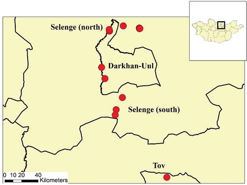 Figure 1. Map of animal trapping locations in northern Mongolia.