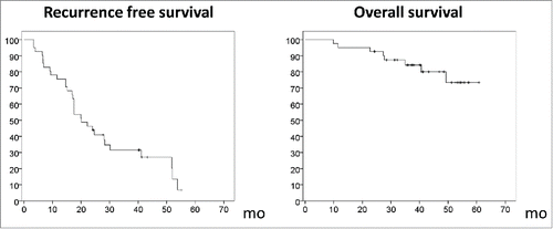 Figure 2. Kaplan–Meier curves for recurrence-free survival and overall survival in 41 patients who received vaccinations in conjunction with surgery or radiofrequency ablation.