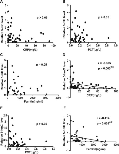 Figure 6. (A–C) Correlation analysis between 5-mC and serum CRP (A), PCT (B) or ferritin (C) in ALL patients. Serum CRP, PCT and ferritin levels of each ALL patients were measured. Correlation analysis was conducted between global 5-mC levels and these indicators among all the ALL patients. (D–F) Correlation analysis between 5-hmC and serum CRP (D), PCT (E) or ferritin (F) in ALL patients was conducted as described in A. Scatter plots with linear fit are shown and Spearman r and p values are listed, ∗P < 0.05, ∗∗P < 0.01.