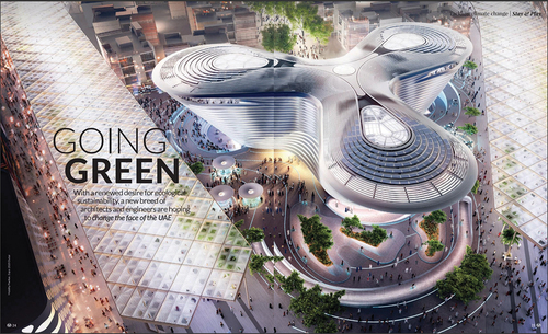 Figure 3. Opening image to an article about the UAE’s sustainability initiatives, featuring a rendering of EXPO 2020ʹs mobility pavilion. Source: Rotana (Citation2020), 24–25 (author’s photograph, fair use).