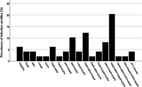 Figure 2. Prevalence of enteric virus profiles. Flock profiles of single and mixed virus infections independent of timepoint of detection.