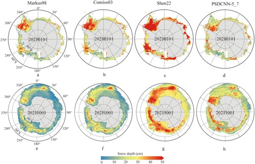 Figure 8. The spatial distribution of snow depth in spring and summer calculated using the Markus98 (a), Comiso03 (b), Shen22 (c), and PSDCNN-5_7 models.