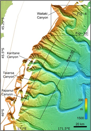 Figure 2. Area 1: multibeam bathymetry data. A, Location of Area 1. Bathymetry image source: Mitchell et al. (2012). B, Multibeam bathymetry data acquired during cruises TAN1209, SO168, SO169 and 12PL015. The location of sub-bottom profiler lines and data sets discussed in this paper are shown.