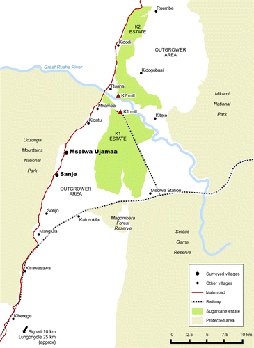 Figure 3. Map showing the outgrower area in Kilombero Valley. Source: Smalley, Sulle and Malale, ‘The Role of the State and Foreign Capital in Agricultural Commercialisation’, p. 5.