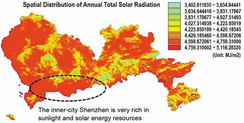 Figure 2. A map of Shenzhen’s annual total solar radiation (source: Shenzhen Climate Centre Citation2011; translated by authors).