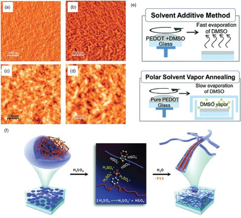 Figure 2. AFM images (1×1 µm) of the PEDOT:PSS films: (a, c) pristine and (b, d) treated with 6% ethylene glycol. (a) and (b) are phase images while (c) and (d) are topographic images. (e) Conventional polar solvent additive method and PSVA. (f) Schematic diagram of the structural reorganization of the PEDOT:PSS films through H2SO4 treatment. [Reprinted from Mengistie et al. [Citation13], © 2013, with permission from The Royal Society of Chemistry; Yeo et al. [Citation23], © 2012, with permission from American Chemical Society; and Kim et al. [Citation18], © 2014, with permission from Wiley-VCH]