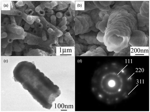 Figure 2. (a) Low-magnification SEM images of ZnS nanotubes, (b) high-magnification SEM images of ZnS nanotubes, (c) TEM image of individual nanotube and (d) corresponding SAED pattern.