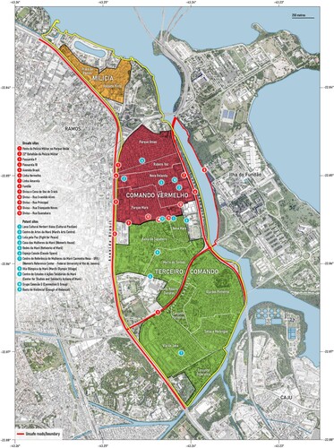 Figure 1. Map of Maré in the North Zone of Rio de Janeiro showing women residents’ knowledge of the territory regarding armed violence, safety, potencia.