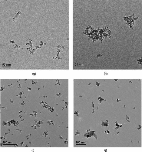 FIG. 3 TEM images of spark-generated metal nanoparticle agglomerates at different sintering temperatures. (a) Silver agglomerate at RT. (b) Silver agglomerates sintered at 200°C. (c) Gold agglomerates at RT. (d) Gold agglomerates sintered at 200°C. (e) Gold agglomerates sintered at 400°C. (f) Gold agglomerates sintered at 600°C. (g) Nickel agglomerates at RT. (h) Nickel agglomerates sintered at 400°C. (i) Nickel agglomerates sintered at 800°C. (j) Nickel agglomerates sintered at 1000°C. (Continued)