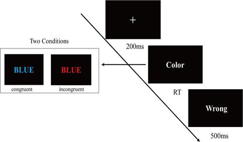 Figure 1 An illustration of a single trial in the Stroop task. Each trial consists of fixation, a congruent task, or an incongruent task and feedback. After the fixation appears, participants were instructed to identify the displayed color of words and to ignore the semantic content of the words. In the congruent task, the displayed color of words was consistent with the meaning of the words, while in the incongruent task, the displayed color and word meaning were inconsistent. Last, the outcome feedback (right or wrong) was presented for 500 ms.