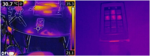 Figure 4. The figure shows a thermal image of smartphone authentication captured using a thermal camera, i.e., a flir camera. The authentication information can be easily observed by observing the heat traces. This is a typical scenario of thermal Attacks that belongs to the category of Novice Attacks.