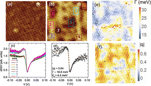 Figure 5. (colour online) Topography of B-terminated SmB over an area of  nm measured at 6 K using a dual bias mode: (a) Forward scan with  V and (b) backward scan with  V. An impurity marked by white circles confirms that both images were taken on the same area. (c) Average tunneling conductance g(V) on areas marked by matching colours in (b). (d) Typical single tunneling spectrum and corresponding fit (continuous line) to Equation (Equation1(1) ). (e) and (f) Spatial variation of and |q|, respectively.