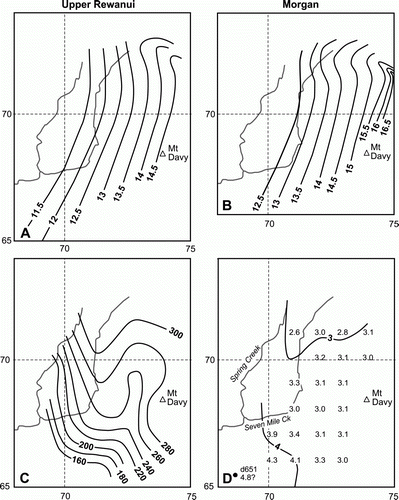 Figure 7  Central Block. A, B, Rank(Sr) in the Upper Rewanui and Morgan seam horizons from Suggate & Boyd (2010, Fig. 17). C, Thickness (m) between the Upper Rewanui and Morgan seam horizons, from Suggate & Boyd (2010, Fig. A10b). D, Vertical rank gradients (Rank(Sr)/km). The grid numbers are in kilometres.
