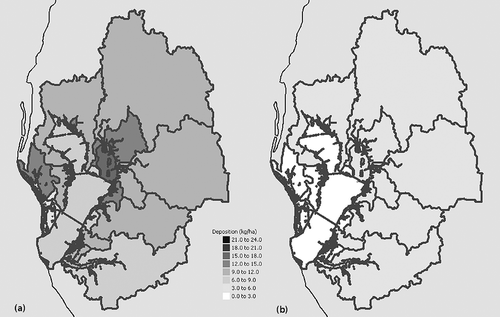 Figure 5. Atmospheric average (a) oxidized and (b) reduced N deposition rates (kg N ha−1) for Tampa Bay and its watershed, by watershed basin and bay segment, from 2002 CMAQ model simulations.