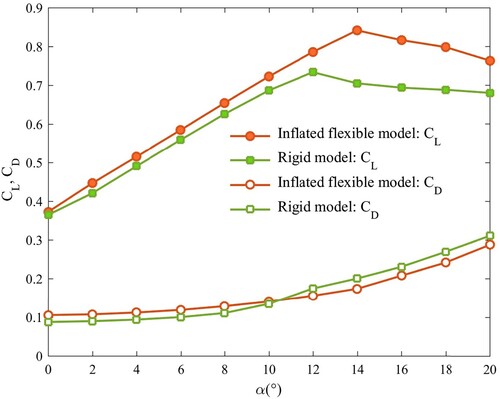 Figure 10. Comparison of lift and drag coefficients between flexible and rigid model.