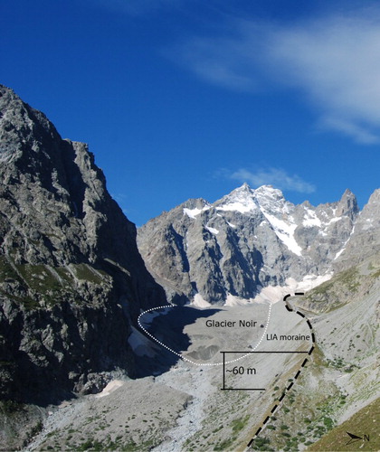 Figure 3. Glacier Noir (white dotted line) and its LIA moraine (black dashed line). The LIA moraine is the largest geomorphological feature in the study site and its ridge is ∼50–60 m above the surface of the glacier from the terminus to the headwall.