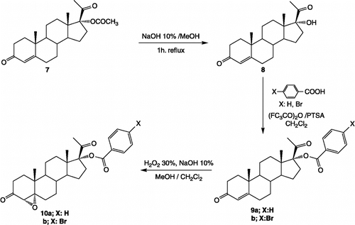 Figure 2.  Synthesis of steroidal compounds 9a, 9b, 10a, 10b and their preparation from the commercially available 17α-acetoxyprogesterone.