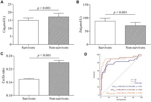 Figure 5 ROC curves for the prediction of 28-day mortality. Whole blood Cu, Zn levels and Cu/Zn ratio were compared between non-survivors (n=30) and survivors (n=56) (A–C). ROC curves present sensitivity and specificity of Cu, Zn and Cu/Zn ratio for predicting 28-day mortality (D). Independent-samples t-test was used to analyze whole blood Cu, Zn levels and Cu/Zn ratio between non-survivors and survivors. ROC and AUC were used to evaluate the value of whole blood Cu, Zn concentrations and Cu/Zn ratio for the prediction of 28-day mortality.