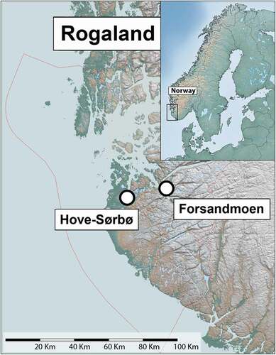 Fig. 1. Hove-Sørbø is located on fertile farmland in the western part of Rogaland, while Forsandmoen is situated in the mountainous region in the eastern part of the county.