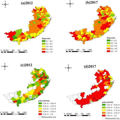 Figure 6. Spatial distribution of (a and b) urban dispersion and (c and d) polycentricity in 2012 and 2017. a(1), c(1), c(2), c(3), and c(4) represent Chizhou, Heyuan, Jieyang, Xiamen, and Suzhou, respectively.