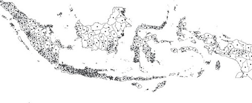 FIGURE 1 Centroids of 514 Indonesian Districts and Associated Administrative BoundariesSource: Authors.