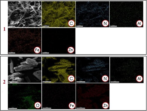 Figure 10. EDX mapping of iron (II) phthalocyanine (compound 1) and zinc phthalocyanine (compound 2). All scale bars are 20 μm.