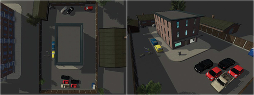 Figure 2. VR Training Environment. The left picture shows the top-down layout of the VR training environment. The right picture shows the VR environment looking at the main entrance of the building. Pictures were provided by RE-liON.