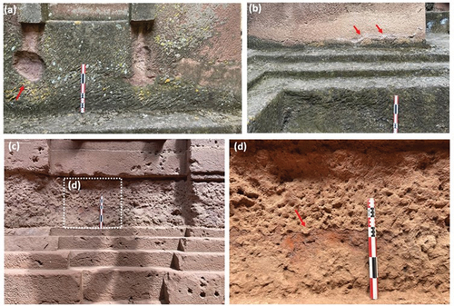Figure 4. Images of Bete Giyorgis showing (a) coving and (b) restored area with salt efflorescence and images of Bete Amanuel (c) showing moisture-related damage and (d) granular disintegration and scaling. Note the scale in the images is 50 cm.