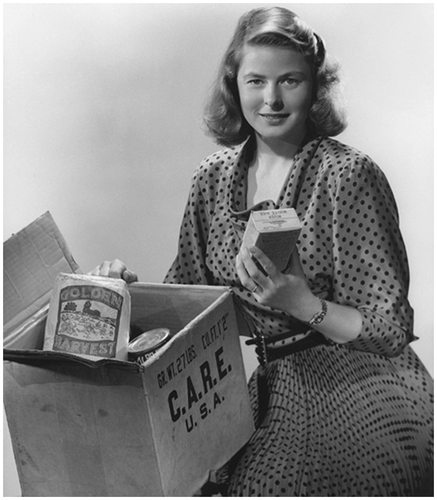 Figure 2. Ingrid Bergman at a CARE advertisement event, early 1950s. Source: http://blog.care.org.au/2011/05/12/65-years-since-the-first-care-package-was-delivered/ (Accessed 22 February 2014) reprinted with permission from CARE. A wider pictorial history of CARE is provided in David Morris, A Gift from America. The First 50 Years of CARE (Atlanta, 1996).
