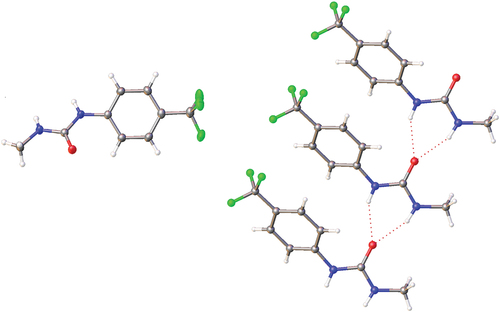 Figure 10. Crystal structure of 3 showing the solid-state molecular structure (left) and hydrogen bonding within the crystal structure (right).
