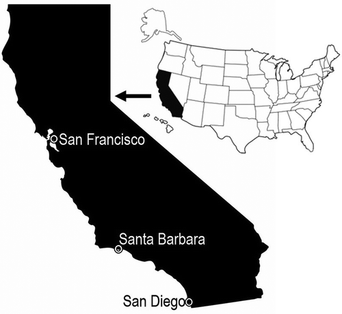 Figure 1. Map of California with the three bays sampled: San Francisco, Santa Barbara and San Diego. Parasabella fullo was found in Santa Barbara and San Diego in 2011