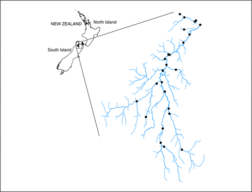Figure 1  Location of 25 study sites in the Motueka and Riwaka river catchments, South Island, New Zealand.