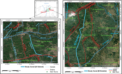 Figure 1. Locations and satellite images of study areas of El Sabeel canal in Qalyubia and El Estable canal in Sharqia, Egypt.
