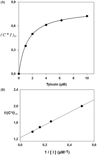Figure 4. (A) Inactivation of complex C by tylosin in the presence of 4 μM K-1602. (C*I)∞ represents the inactivated complex C by tylosin at infinite time. (B) Variation of 1/(C*I)∞ as a function of reverse of tylosin concentration. The K-1602 concentration remains constant and equal to 4 μM as in (A). (C*I) is presented as the ratio of total (C).
