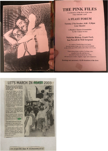 Figure 4. Image of the pink files flyer front and back, and Will as the I in PRIDE at the 1973 pride March in Adelaide.