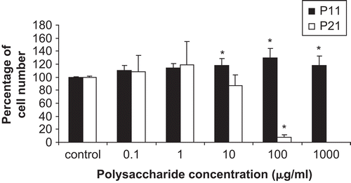 Figure 4.  The effect of polysaccharides (P11 and P21) on the in vitro cell proliferation of human primary gingival fibroblasts (passage 5), as determined by the MTT assay. Cells were treated with P11 or P21 at the indicated final concentrations (there is no 1,000 μg/mL for P21) for 24 h. Data are shown as the mean ± 1 SD, and are derived from eight replicates. *Denotes a significant difference from the control group (p < 0.05). The cell culture in DMEM with 10% FBS as a positive control can increase the cell around 195% compared to control.