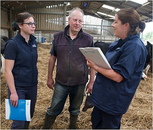 Figure 3. The AHDB extension officer (left) mediating the meeting between veterinarian (right) and farmer (centre). Photo included with kind permission of the AHDB.