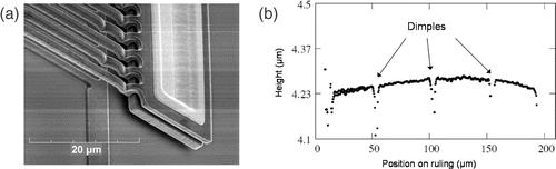 Figure 5. Double-Clamped device results: (a) SEM image showing the anchor and rulings, (b) WLI result showing 80 nm centre ruling buckling on average.