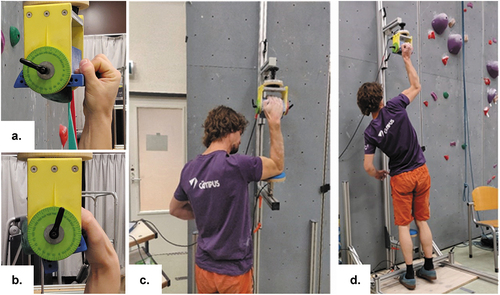 Figure 1. Assessing peak force producing capabilities using different grip types, i.e. at the fingertips using an edge (a) and hand using a slope (b), and using different positions, i.e. either elbow isolated (c) or free, open chain (d) positions. Note the bar at the feet in (d) which was useful for participants who were able to pull more than their body mass.