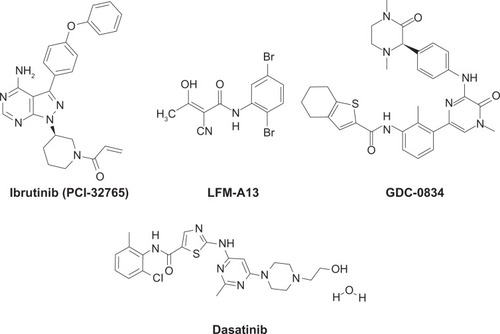 Figure 2 Chemical structures of Bruton’s tyrosine kinase inhibitors. Ibrutinib (PCI-32765) is a covalent inhibitor currently under phase II and III clinical development for B-cell malignancies.