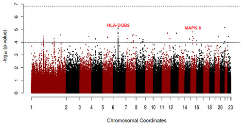 Figure 4 Manhattan plot for GWAS analysis of never smoker among early COPD based on 38 cases and 1778 never smoker controls.
