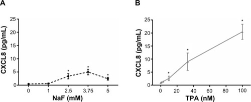 Figure 1 Concentration-dependent release of CXCL8.Notes: CXCL8 after exposure to (A) NaF and (B) TPA.Aa549 cells were exposed to NaF (0–5 mM) and TPA (0–100 nM) for 20 hours, and assessed for the release of CXCL8 by ELISA. The data represent the mean ± SEM of three independent experiments. *Significant increase of CXCL8 release; P≤0.05. One-way ANOVA with Dunnett’s multiple comparisons test. The statistics were performed on log-transformed data.Abbreviations: CXCL8, interleukin-8; NaF, sodium fluoride; TPA, 12-O-tetradecanoylphorbol-13-acetate; ELISA, enzyme-linked immunosorbent assay; SEM, standard error of the mean; ANOVA, analysis of variance.